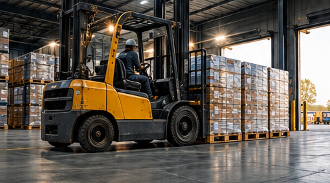 Forklift moving palletized freight in a warehouse